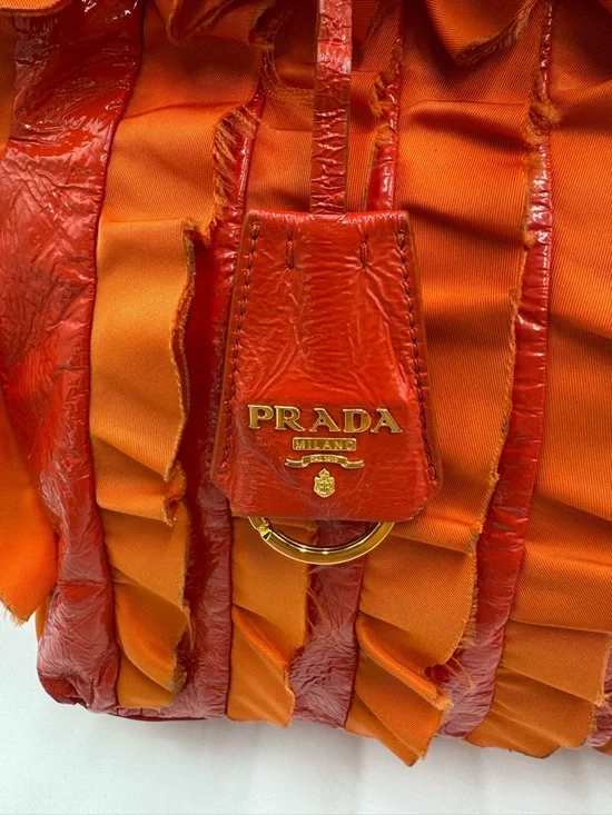 Prada Rare Arancio Orange Tessuto Ruffle Tote Bag BN1728 Vernice Patent Leather - Picture 3 of 14